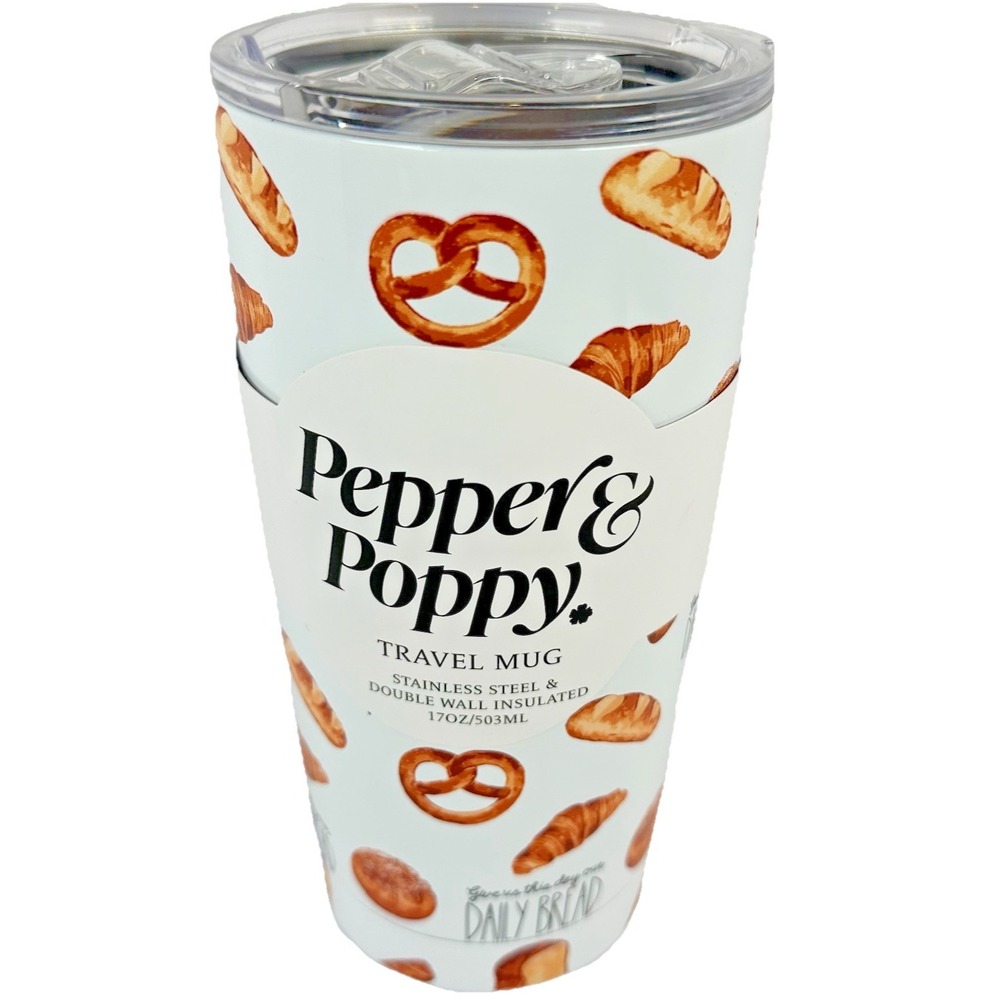 Pepper & Poppy Travel Mug 17oz Stainless Steel Insulated Bread Pretzel‎